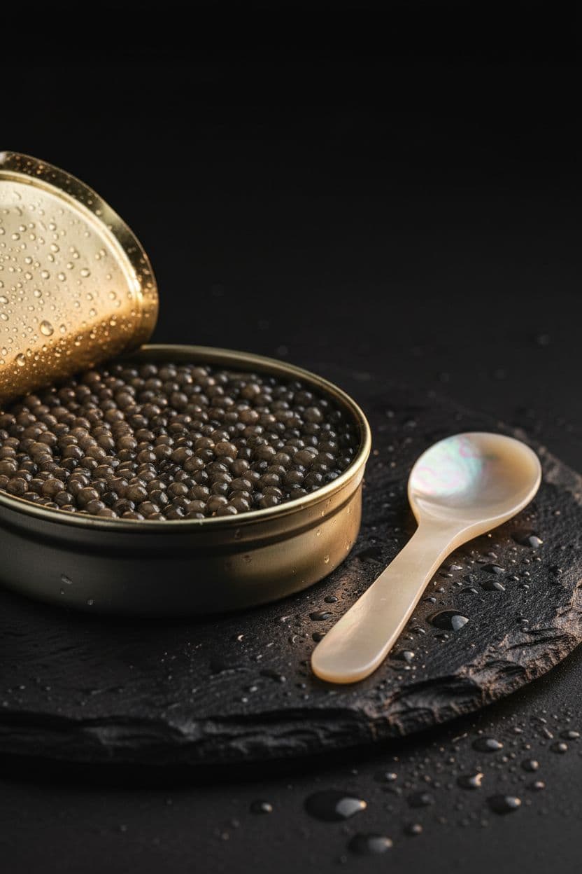 An open tin of fine caviar with a mother of pearl spoon on dark slate