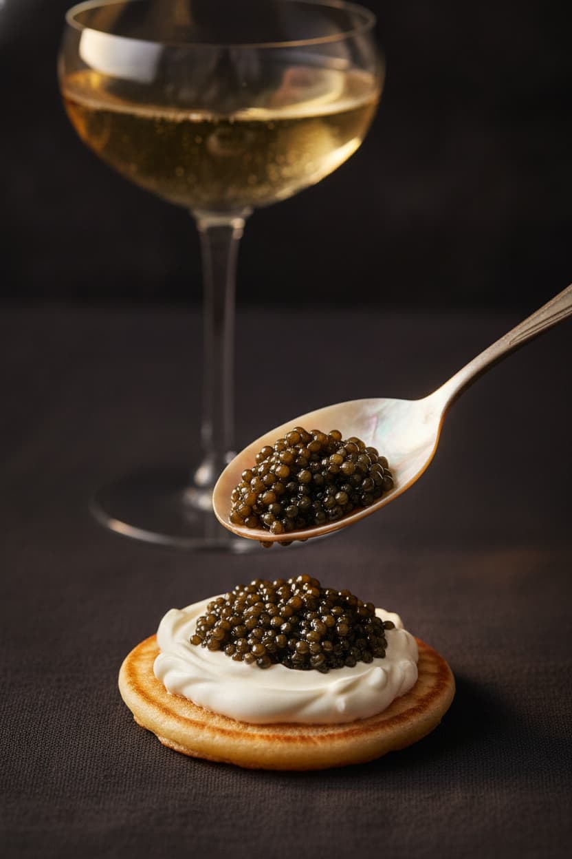 Caviar served on a blini with crème fraîche, a mother of pearl spoon and champagne